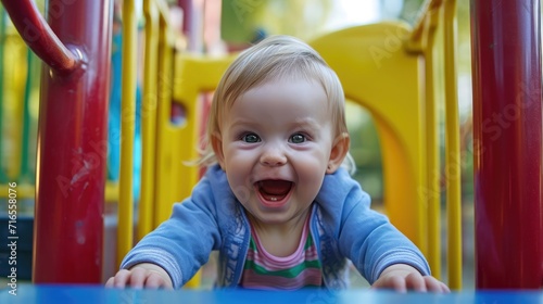 Funny cute happy baby playing on the playground. The emotion of happiness, fun, joy. Smile of a child.