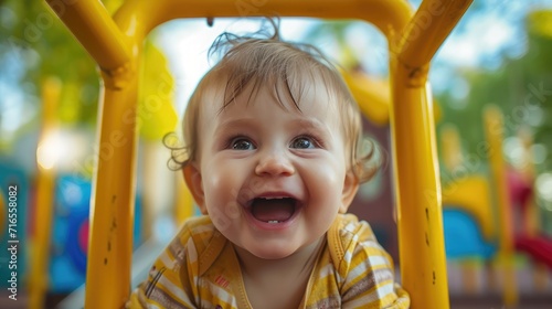 Funny cute happy baby playing on the playground. The emotion of happiness, fun, joy. Smile of a child.
