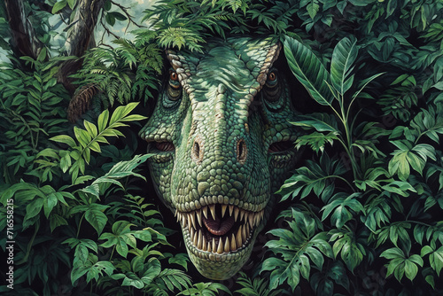 Lifelike Dinosaur Emerging from Dense Jungle