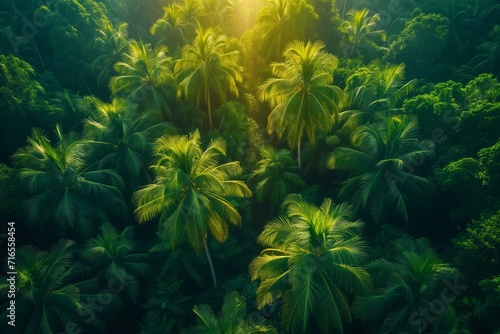 Aerial view of tropical green palm trees forest in sunlight