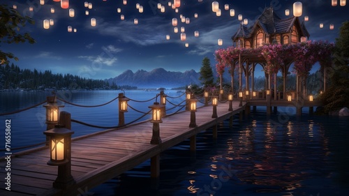 A captivating background featuring a charming lakeside dock adorned with lanterns and a view of the starry night sky, creating a serene and romantic ambiance for Valentine's Day - Generative AI photo