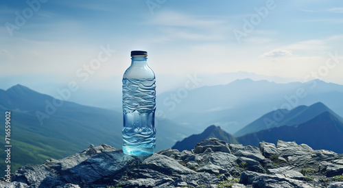 a bottle of water sits on the edge of a rock and has the mountains in the background photo