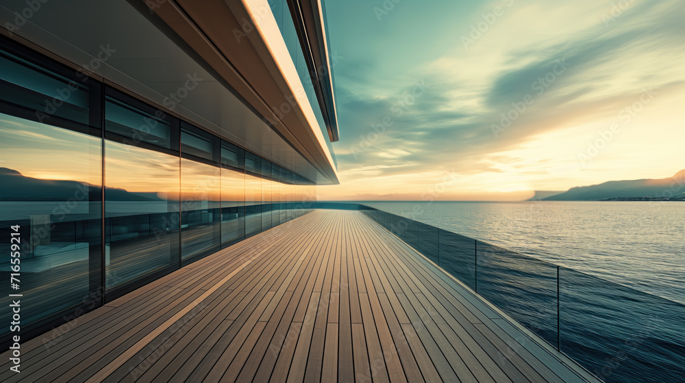 High Seas Yacht Adventure, Modern Wood and Glass Ship Deck with Ocean and Clouds, Generative AI High Seas Yacht Adventure, Modern Wood and Glass Ship Deck with Ocean and Clouds, Generative AI
