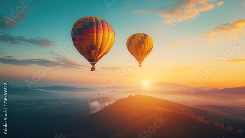Colorful hot air balloon flying over the mountain with sunset concept.