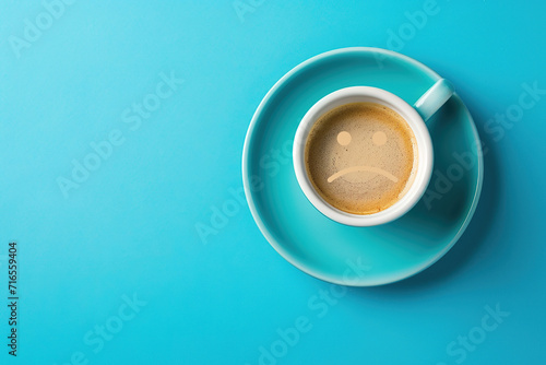 Cup of coffee with a sad emoji face on a blue background with a blue monday concept. The saddest day of the year. blue monday creative background.
