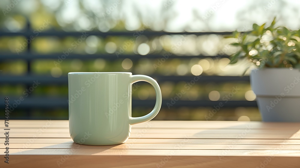 Fototapeta premium Balcony View of a light green Mug on a wooden Table. Close up with a blurred Background