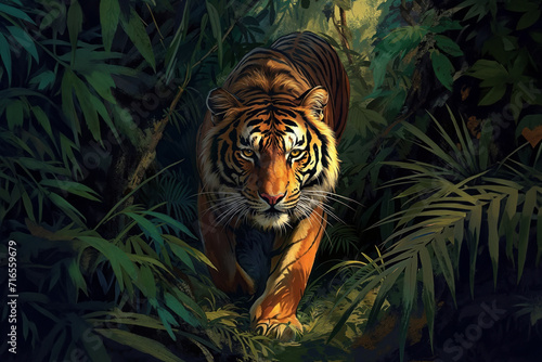 A tiger advances in dense foliage