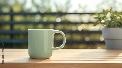 Balcony View of a light green Mug on a wooden Table. Close up with a blurred Background