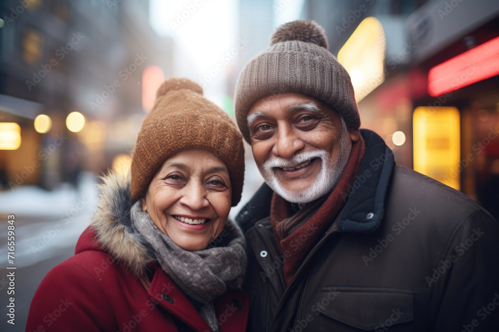 Portrait of a smiling senior couple of Indian ethnicity wearing winter clothing in the outdoor