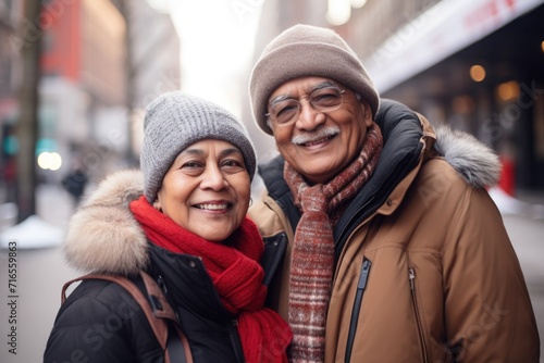 Portrait of a smiling senior couple of Indian ethnicity wearing winter clothing in the outdoor