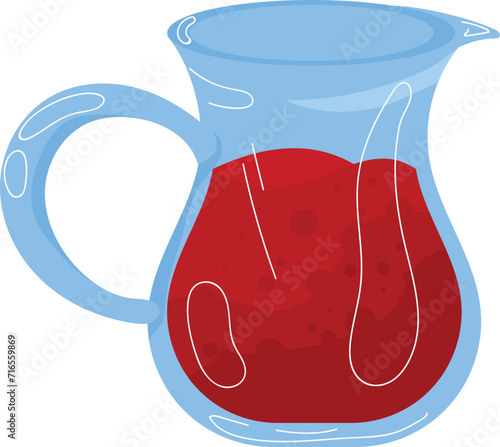 Blue glass pitcher filled with red fruit punch. Refreshing beverage in transparent jug vector illustration.