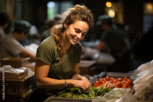 A female military volunteer collects food and equipment into boxes to be sent as humanitarian aid. Concept: organizing logistics and helping the army 