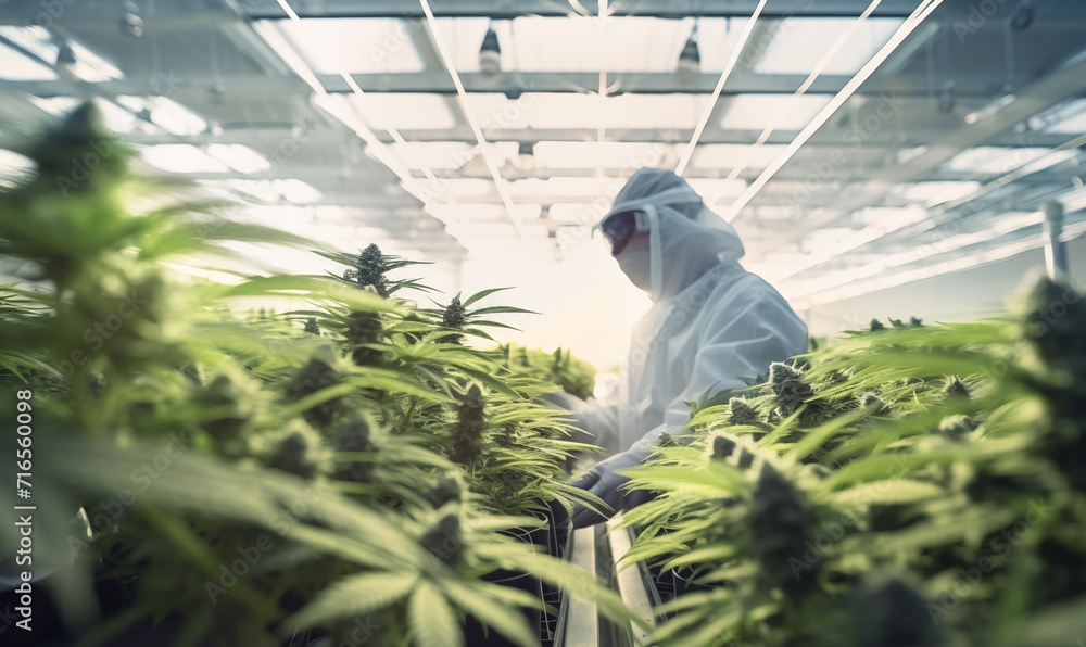 Indoor cannabis cultivation facility, Rows of marijuana plants. Workers dressed in white uniform meticulously inspect and care for plants. Image with green ripe Medical marijuana  MMJ branches. - obrazy, fototapety, plakaty 