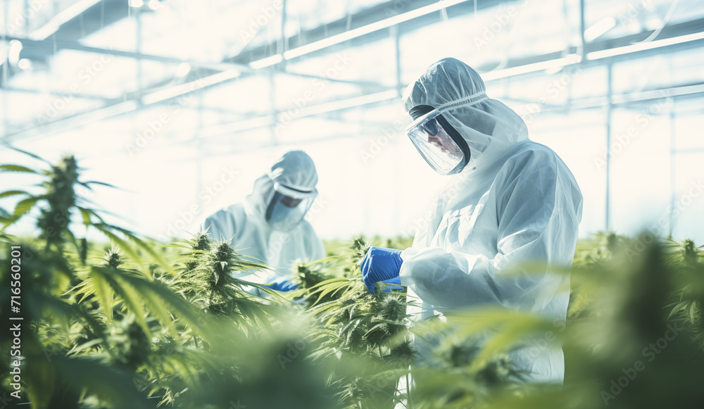 Indoor cannabis cultivation facility, Rows of marijuana plants. Workers dressed in white uniform meticulously inspect and care for plants. Image with green ripe Medical marijuana MMJ branches. Indoor cannabis cultivation facility, Rows of marijuana plants. Workers dressed in white uniform meticulously inspect and care for plants. Image with green ripe Medical marijuana MMJ branches.