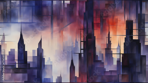 Modern city street seamless pattern in the style of Cubism, Neoplasticism and...