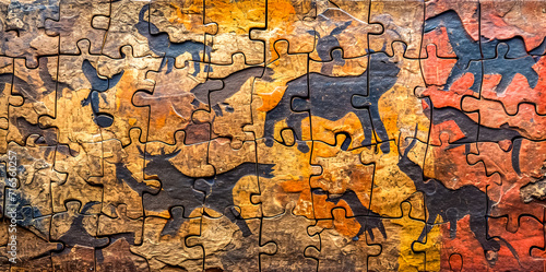 Puzzle pieces forming an ancient cave painting style image.