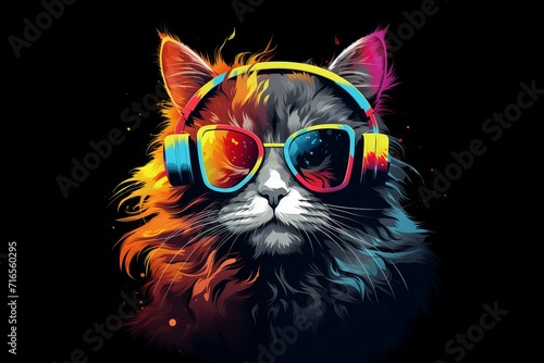 Hipster cat listening to music in headphones and sunglasses. Cute furry feline in trendy outfit. Vector illustration for apparel, accessories, and home decor. © Ameer