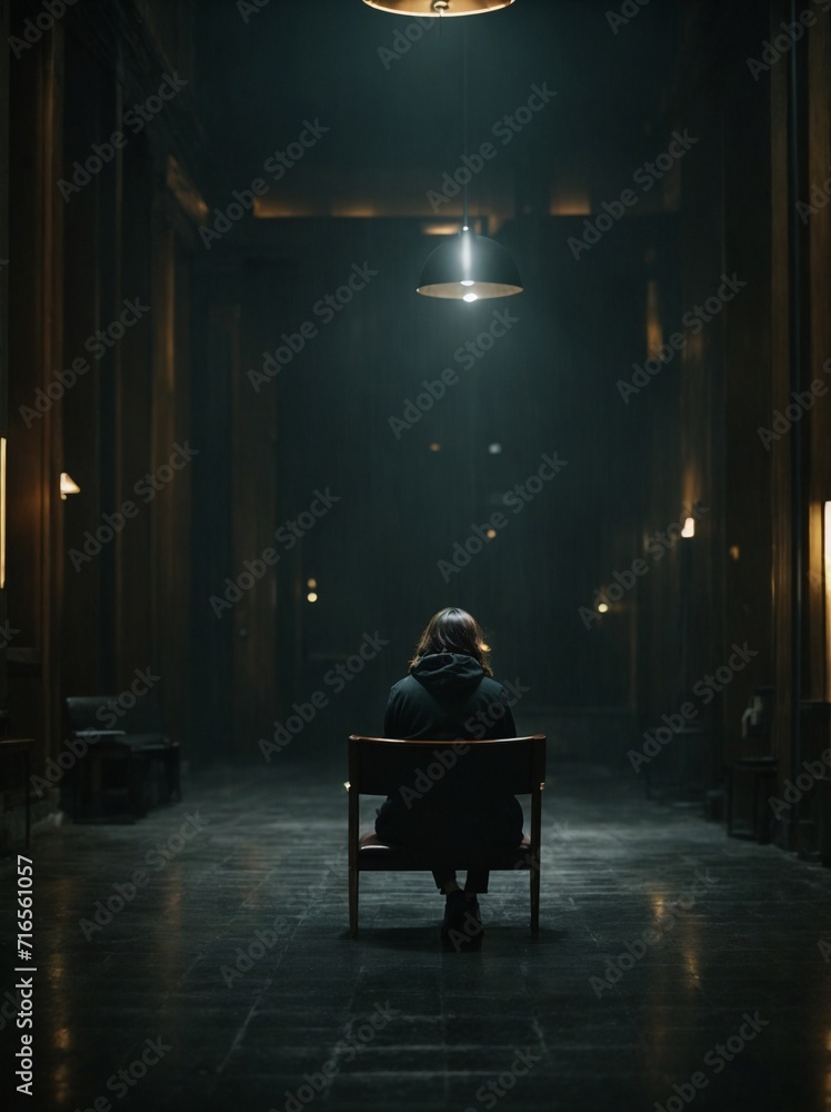 Person Sitting on Bench in Dark Room. Generative AI. Person Sitting on Bench in Dark Room. Generative AI.