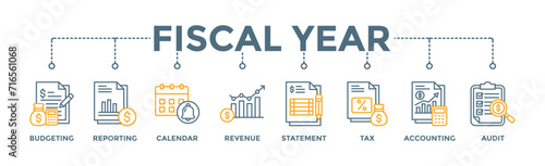 Fiscal year banner web icon vector illustration concept with icon of budgeting, reporting, calendar, revenue, statement, tax, accounting, audit