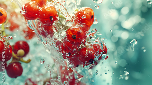 red berries / red fruit and water, with a light green and transparent texture style