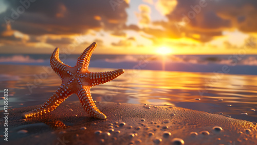 a small starfish sits on the beach during sunset © LiezDesign