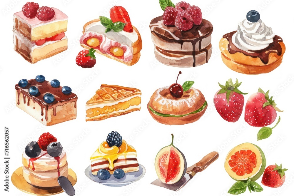 Fototapeta premium Illustration of fresh bakery items with fruit and cream Isolated on a white background