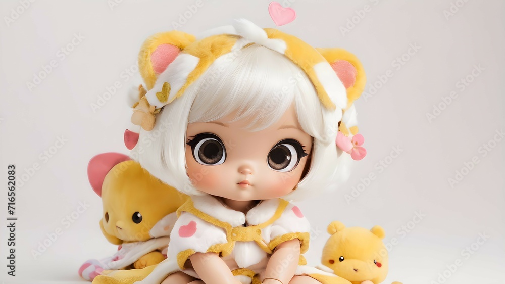 Little adorable girl doll in a cute bear animal costume on white background. Anime doll in a fluffy suit. Little adorable girl doll in a cute bear animal costume on white background. Anime doll in a fluffy suit.
