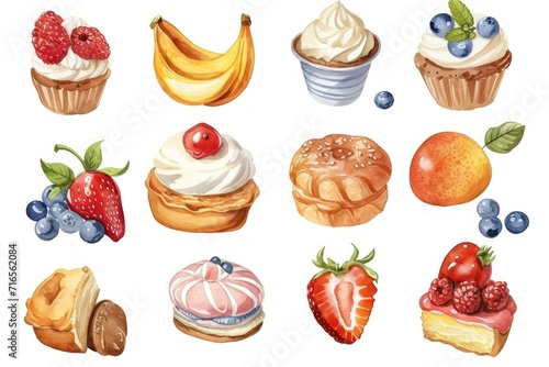 Illustration of fresh bakery items with fruit and cream Isolated on a white background