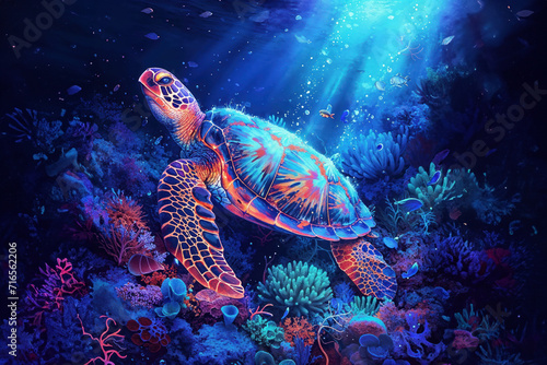 illuminated sea turtle swims in a coral reef