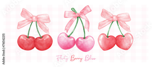 group of Red and hot pink coquette cherries with ribbon bow, aesthetic watercolor hand drawing banner. photo