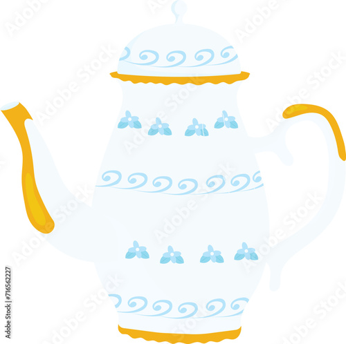 Decorative porcelain teapot with blue floral pattern and yellow accents. Elegant design, ceramic kitchenware vector illustration.