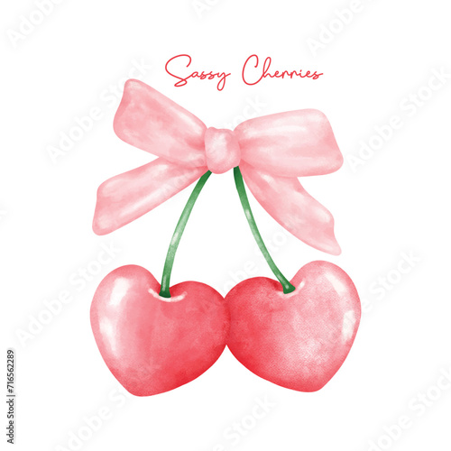 Red coquette heart cherries with pink ribbon bow, aesthetic watercolor hand drawing
