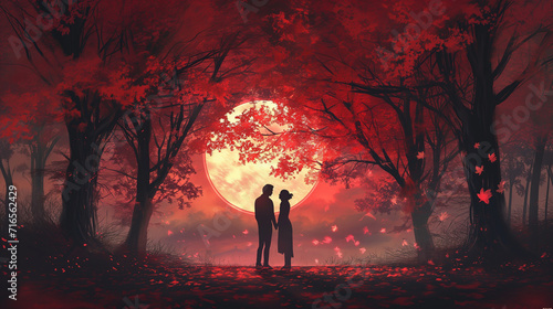 Ein romantisches Bild eines Paares zum Sonnenuntergang in einer Herbstnacht unter B  umen sind verliebt