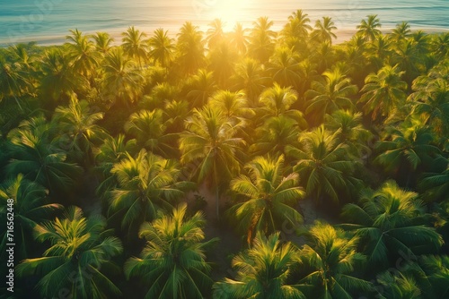 Aerial view of tropical green palm trees forest by the ocean beach in sunlight