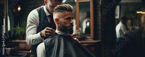 Barber in a barbershop makes a customer's new haircut and trims a beard