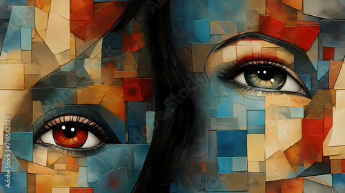 Modern face eye seamless pattern in the style of Cubism, Neoplasticism and Ba...
