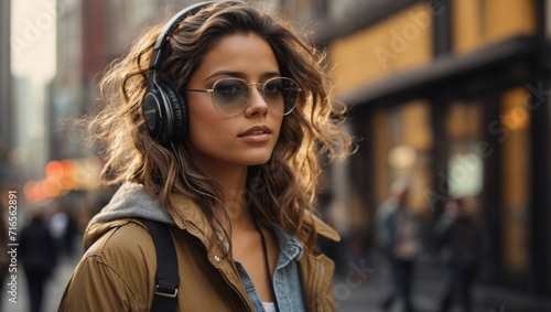 Woman Wearing Headphones on City Street. Generative AI. © theartofphoto