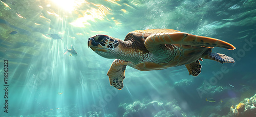 sea turtle swimming in the sea - a turtle swimming and swimming under the ocean, in the style of tropical © Lisanne