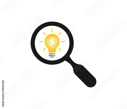  light bulb with dollar sign and idea checking icon inside magnifying glass, Search money idea vector icon