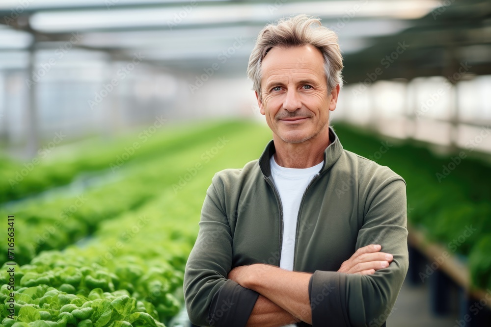 Potrait of a vegetable grower working in a large industrial greenhouse growing vegetables and herbs. Farmer Potrait of a vegetable grower working in a large industrial greenhouse growing vegetables and herbs. Farmer