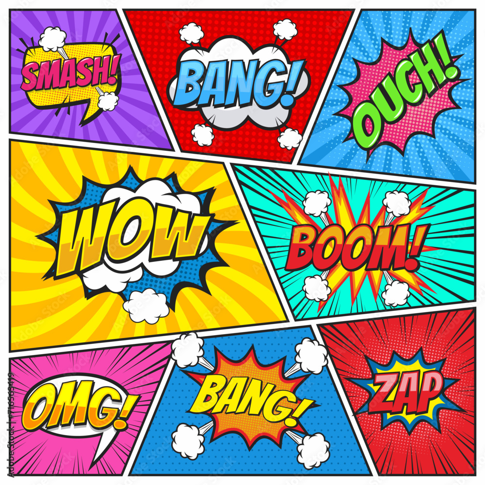 Fototapeta premium Colorful comic scene page background with speech bubble