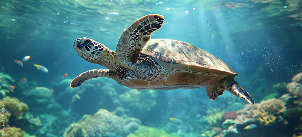 Obraz premium sea turtle swimming in the sea - a turtle swimming and swimming under the ocean, in the style of tropical