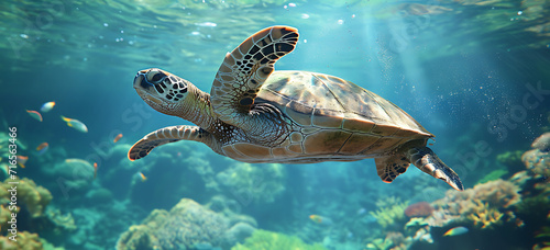 sea turtle swimming in the sea - a turtle swimming and swimming under the ocean  in the style of tropical