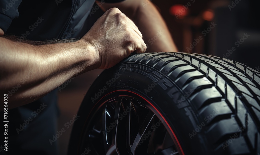 Obraz premium A skilled car mechanic changes tire on a car wheel. Tire change concept