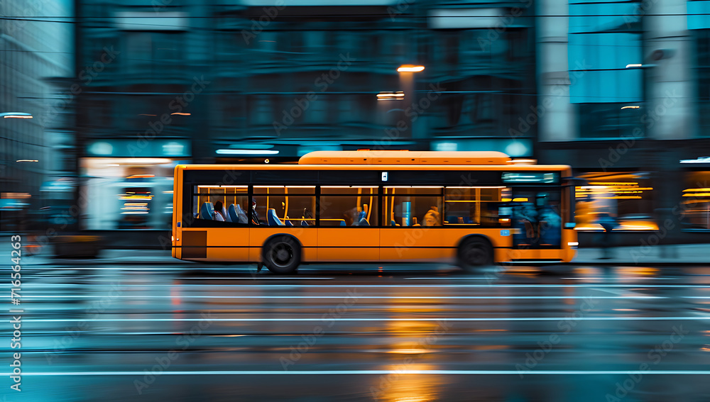 an old yellow / orange bus is driving on a city streets. - Motion blur at night. an old yellow / orange bus is driving on a city streets. - Motion blur at night.