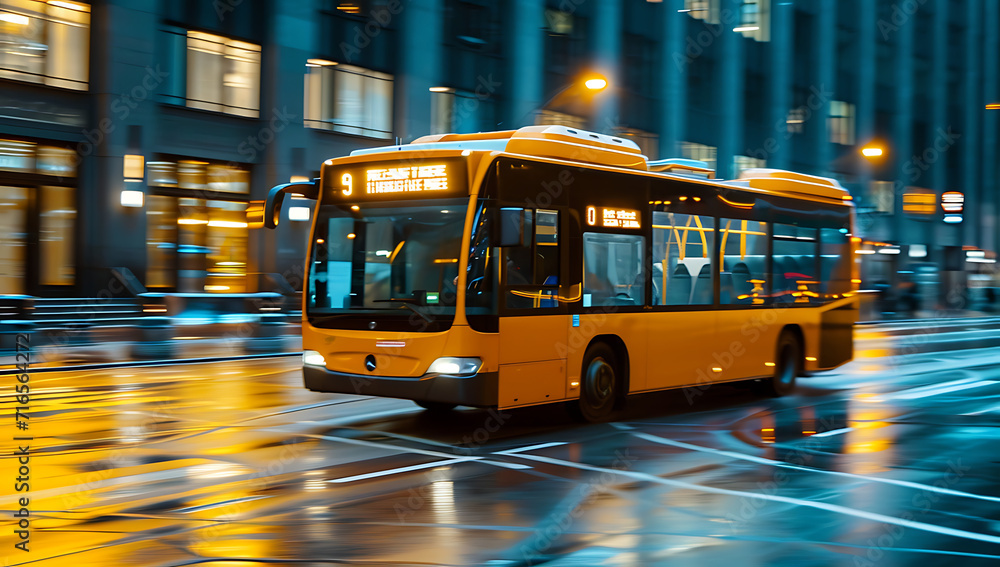 an old yellow / orange bus is driving on a city streets. - Motion blur at night. an old yellow / orange bus is driving on a city streets. - Motion blur at night.