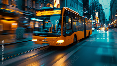 an old yellow / orange bus is driving on a city streets. - Motion blur at night.