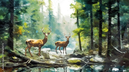 a painting of three deer standing in a forest next Ai Generative © Lucky