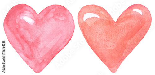 Watercolor pink hearts set. Hand-painted Valentine's Day-themed graphic. Isolated hand-painted elements. PNG clipart.