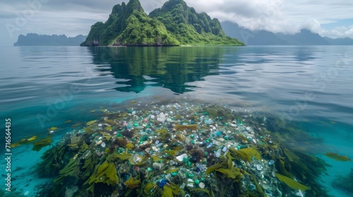 Île paradisiaque masquant un problème : Pollution plastique sous la surface photo